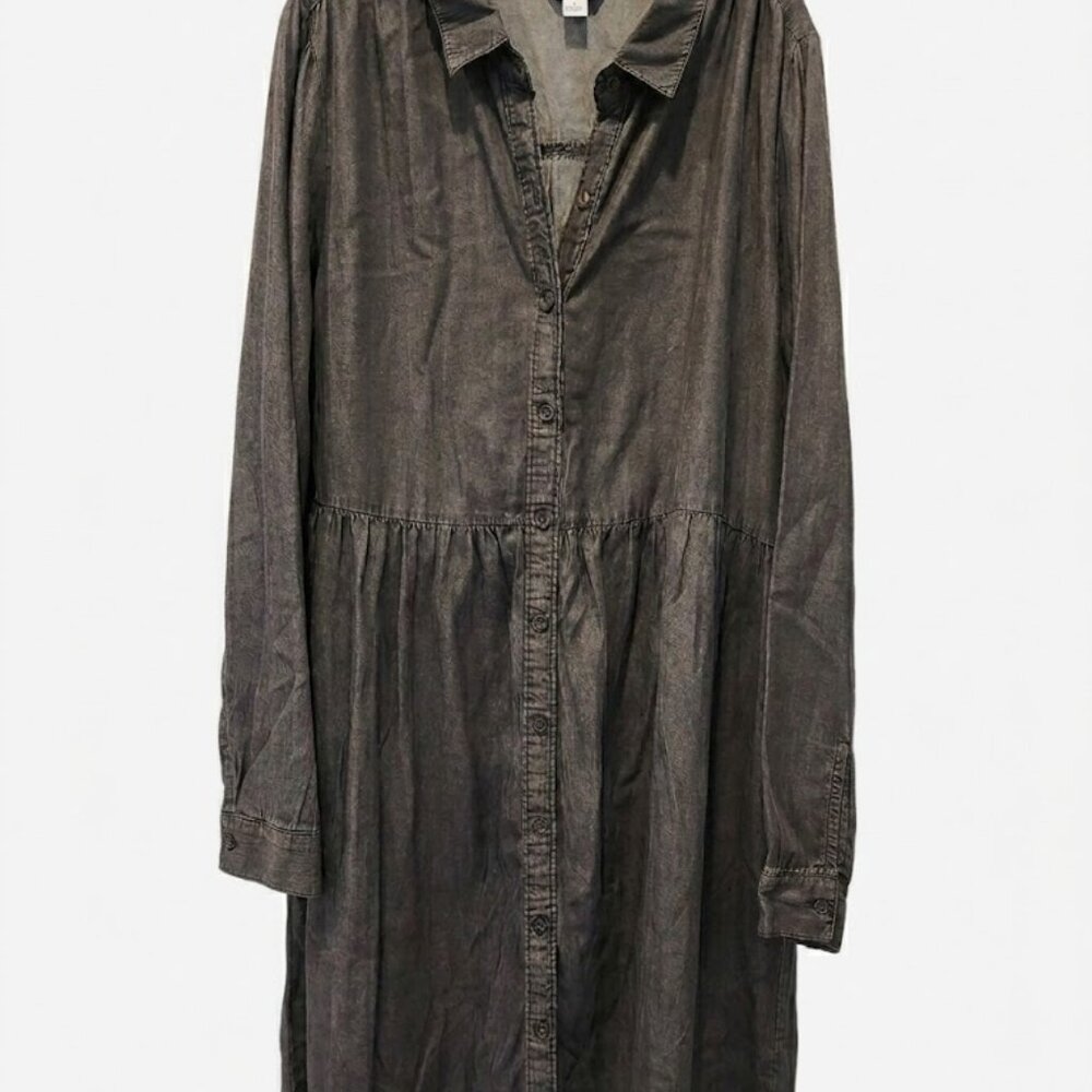 Charcoal Grey Button-Down Midi Dress - Long Sleeve Cotton/Linen Look